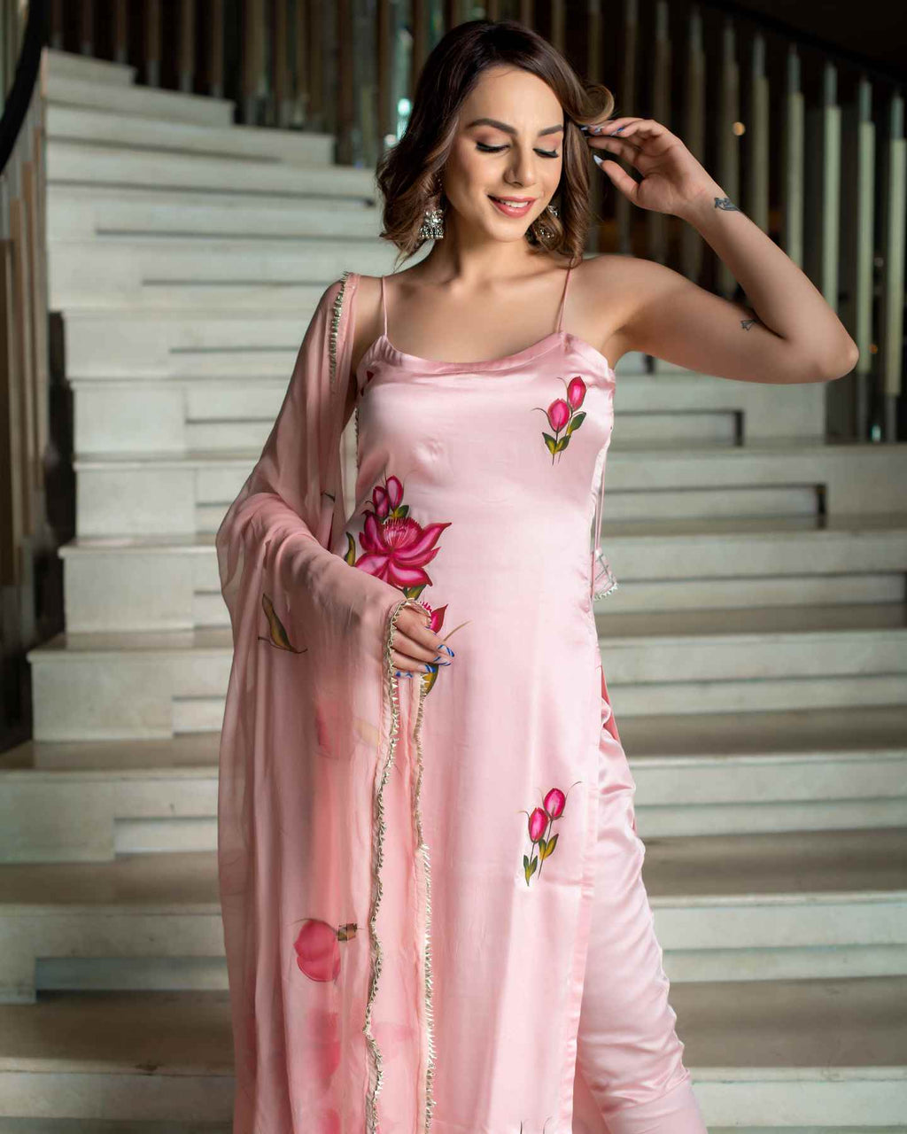 Women’s Baby Pink Viscose French Crepe Printed Top with Chanderi Bottom & Georgette Dupatta