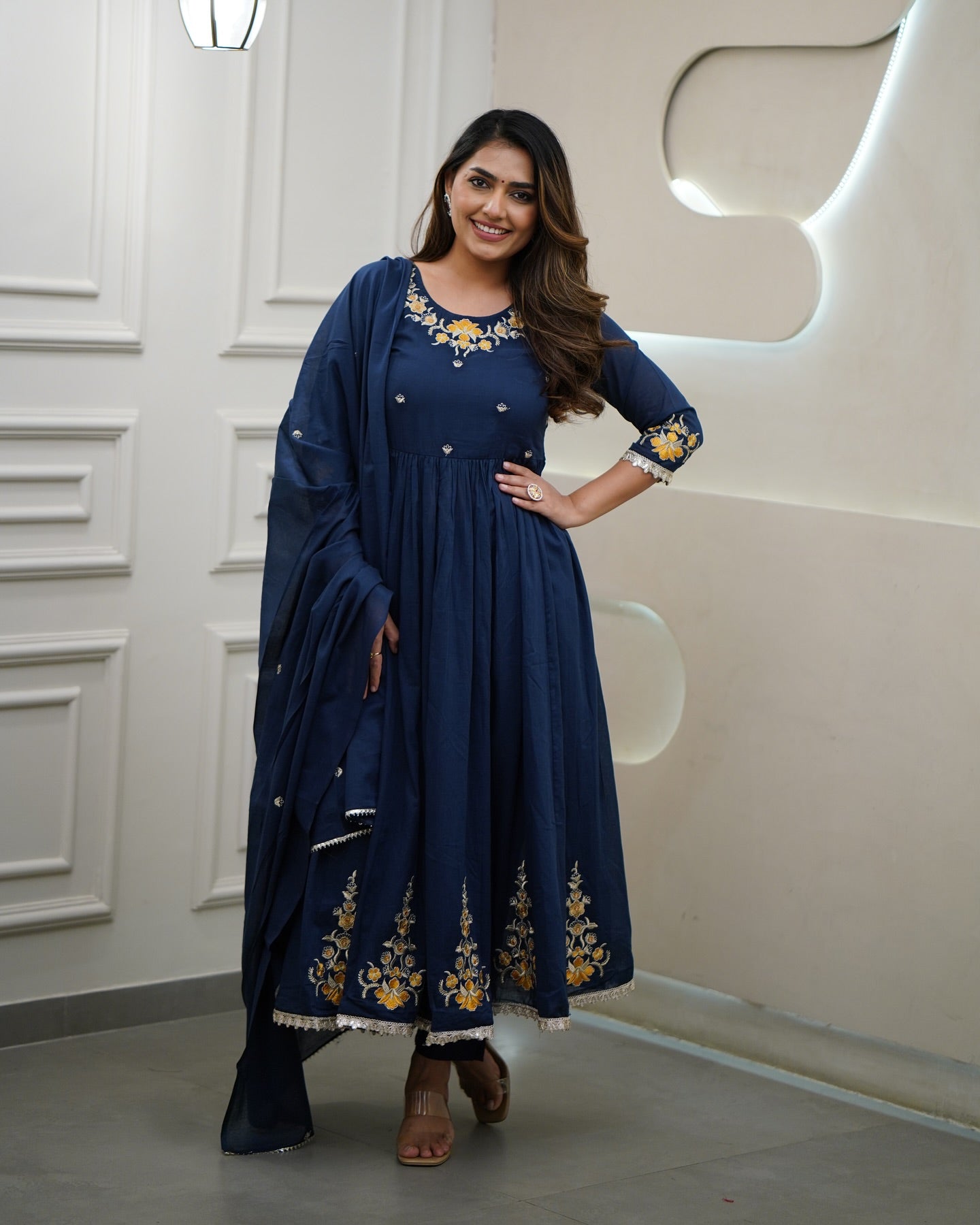 Women’s Blue Viscose Embroidered Kurta Set with Plain Bottom & Chanderi Dupatta
