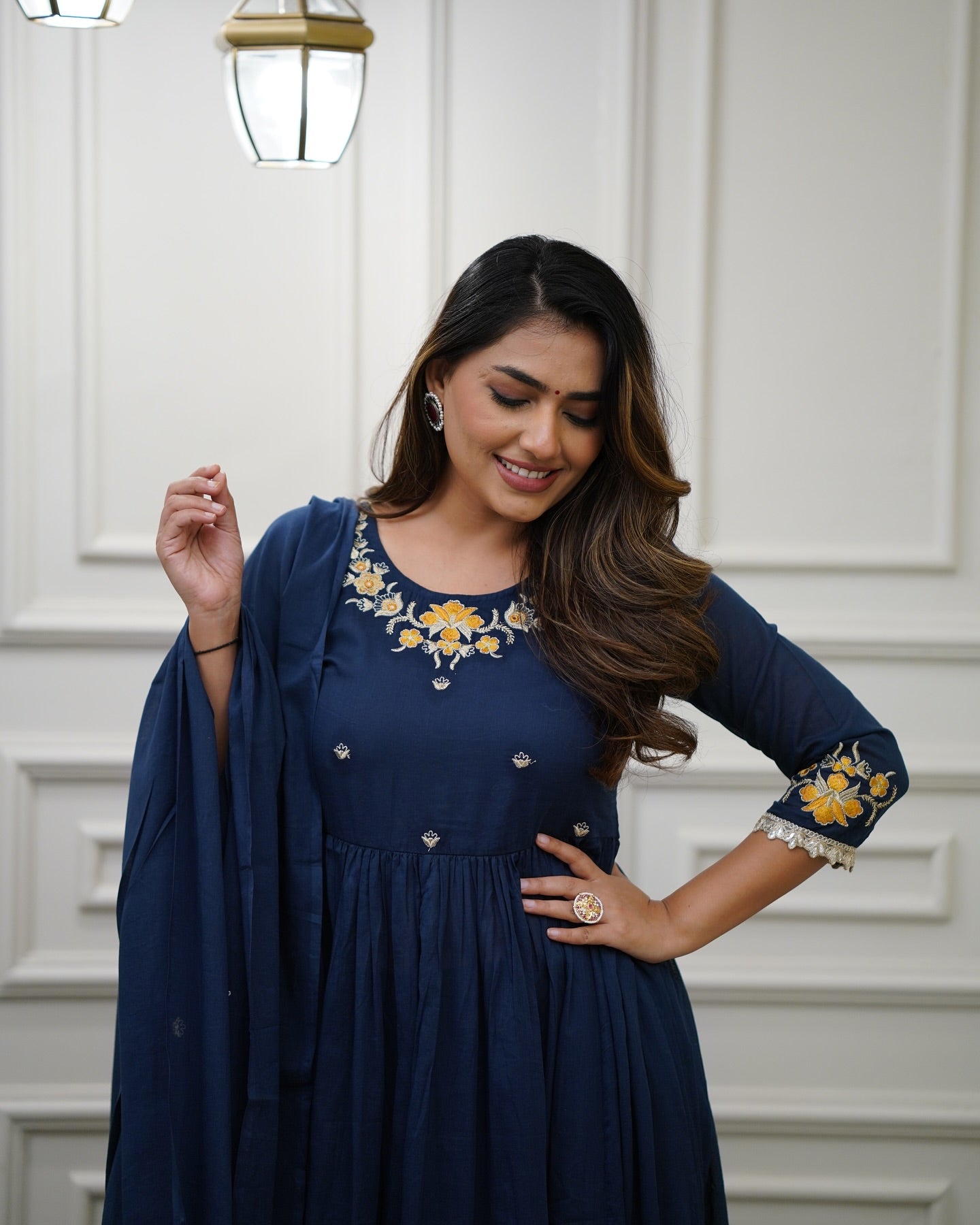Women’s Blue Viscose Embroidered Kurta Set with Plain Bottom & Chanderi Dupatta