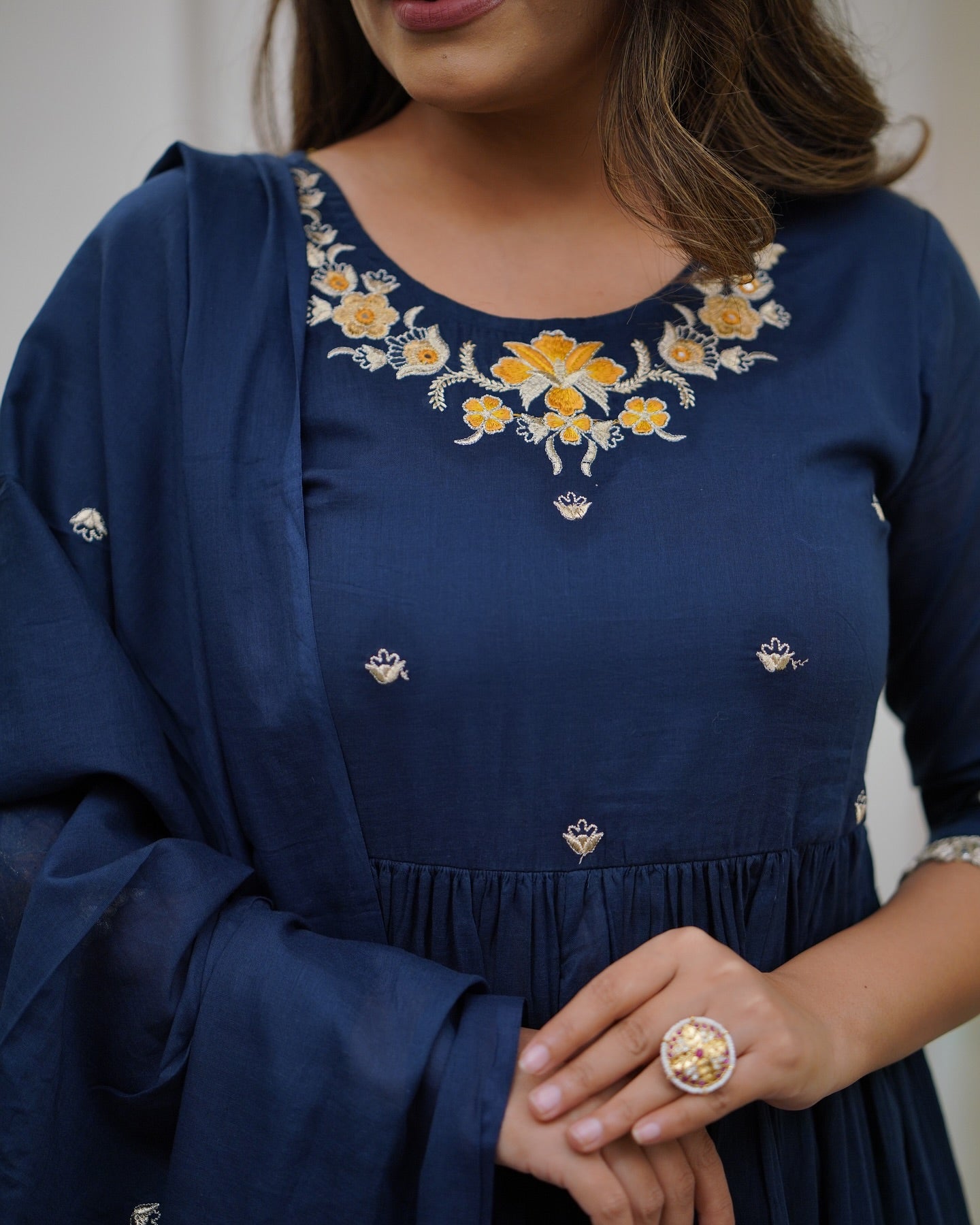 Women’s Blue Viscose Embroidered Kurta Set with Plain Bottom & Chanderi Dupatta