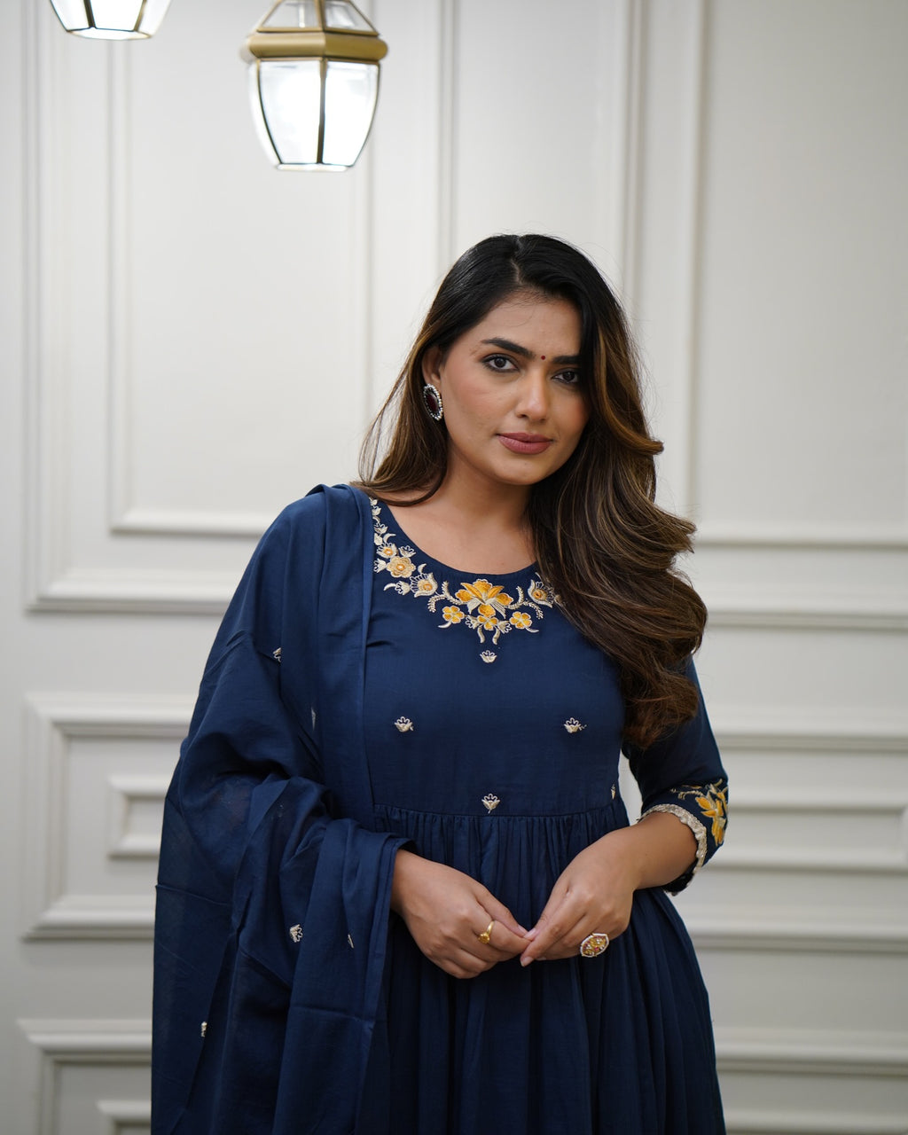 Women’s Blue Viscose Embroidered Kurta Set with Plain Bottom & Chanderi Dupatta