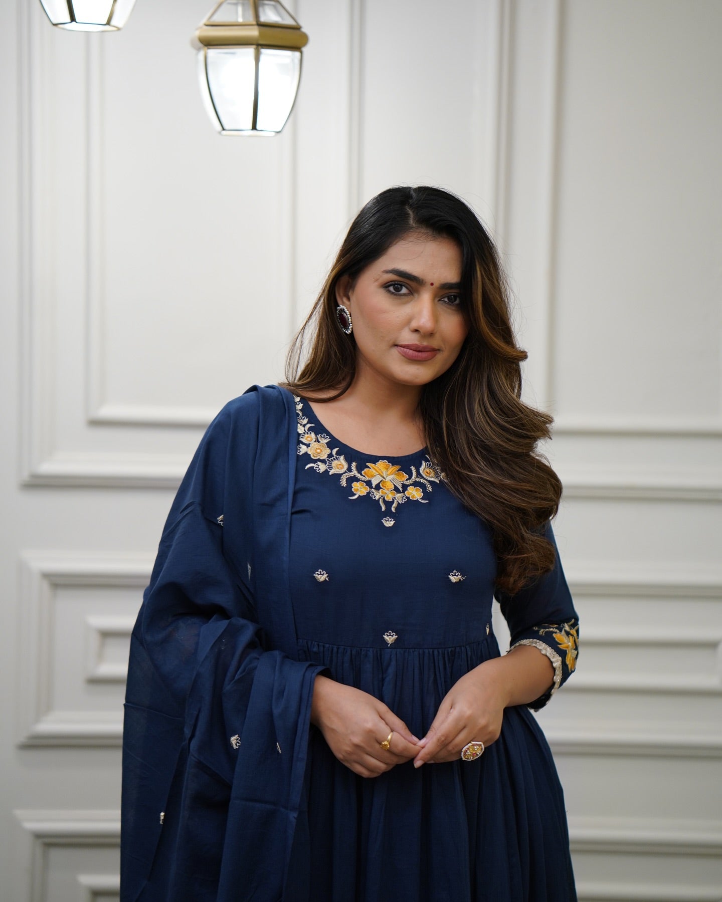 Women’s Blue Viscose Embroidered Kurta Set with Plain Bottom & Chanderi Dupatta