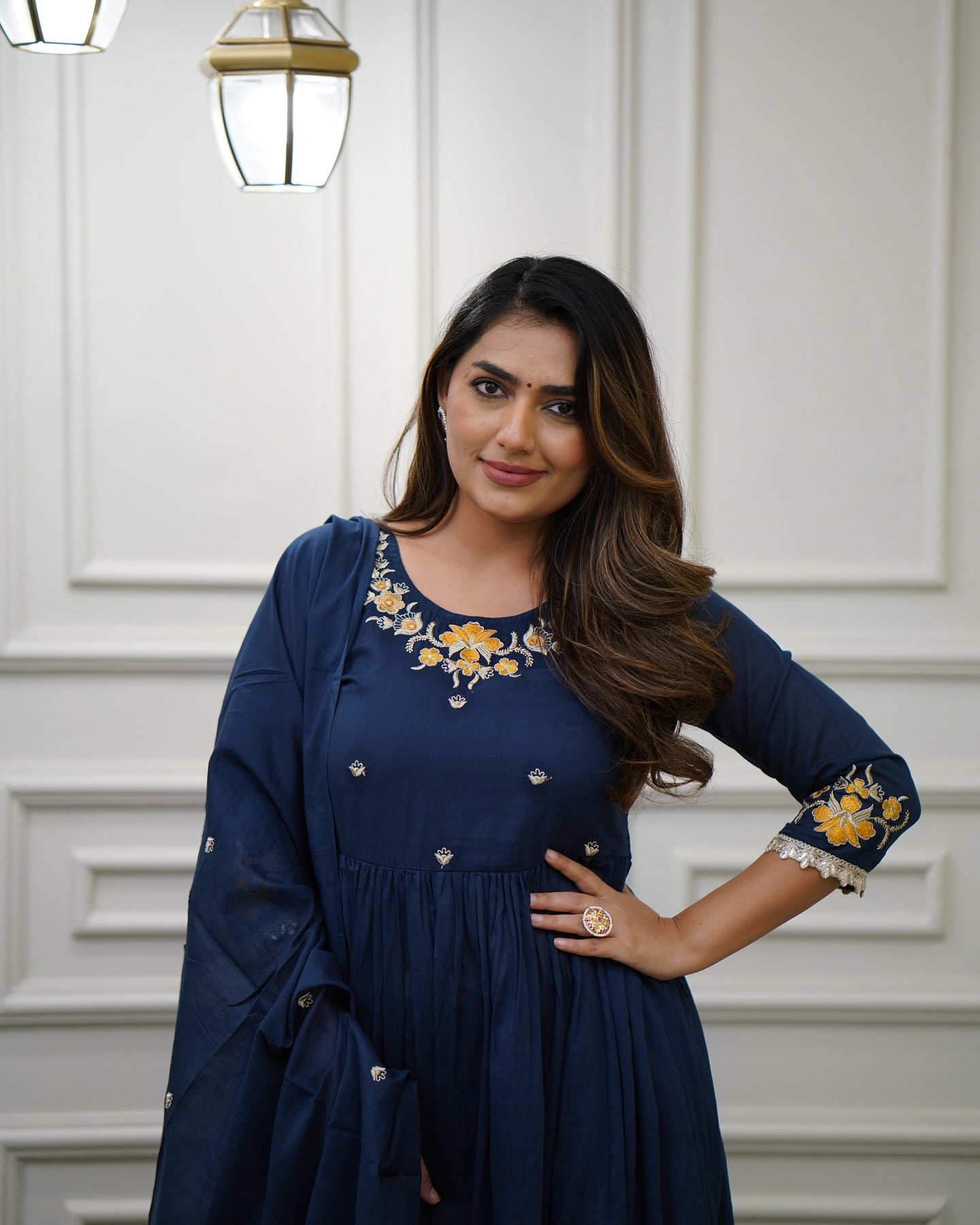 Women’s Blue Viscose Embroidered Kurta Set with Plain Bottom & Chanderi Dupatta