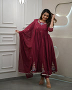 Women’s Maroon Viscose Embroidered Kurta Set with Plain Bottom & Chanderi Dupatta