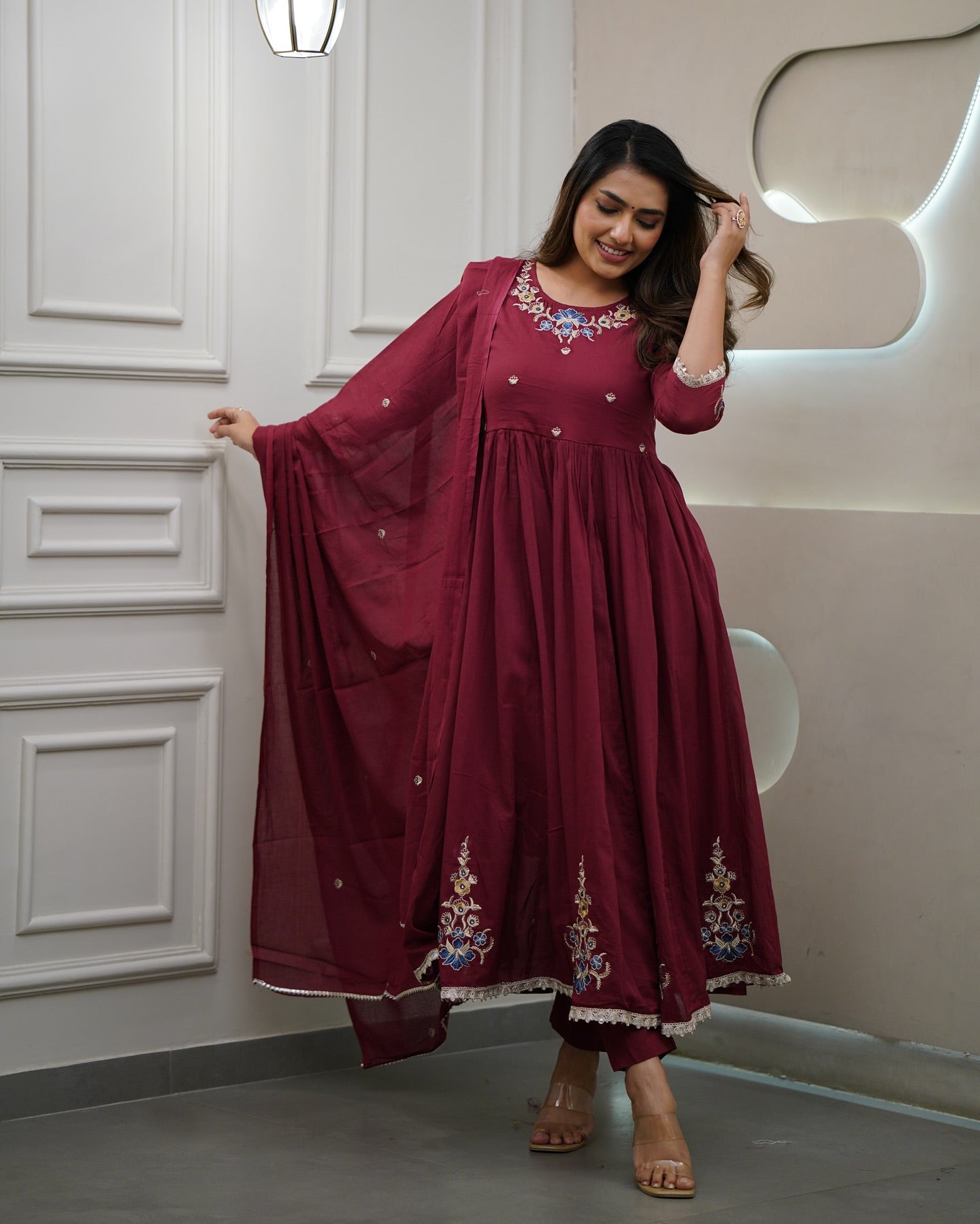 Women’s Maroon Viscose Embroidered Kurta Set with Plain Bottom & Chanderi Dupatta