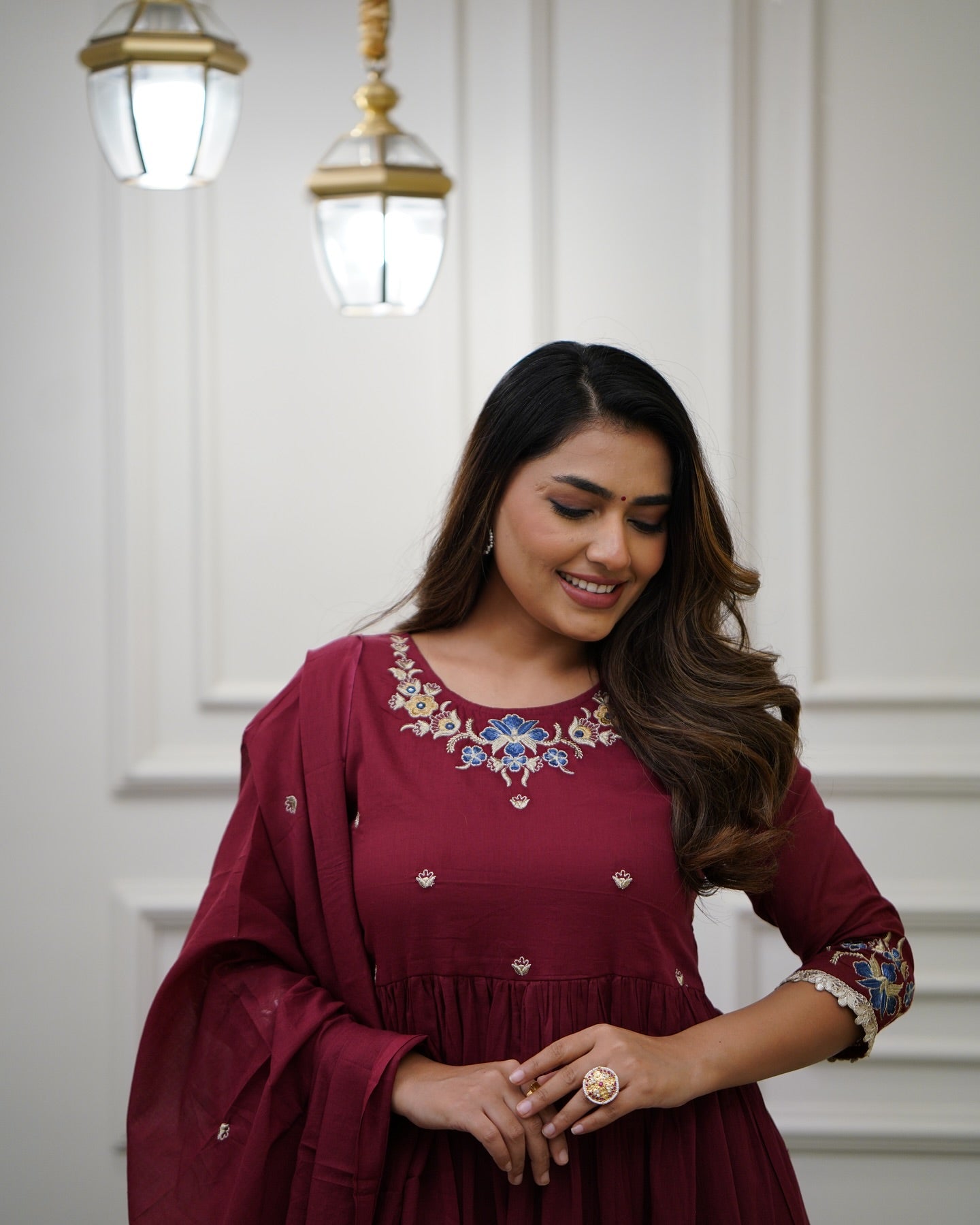 Women’s Maroon Viscose Embroidered Kurta Set with Plain Bottom & Chanderi Dupatta