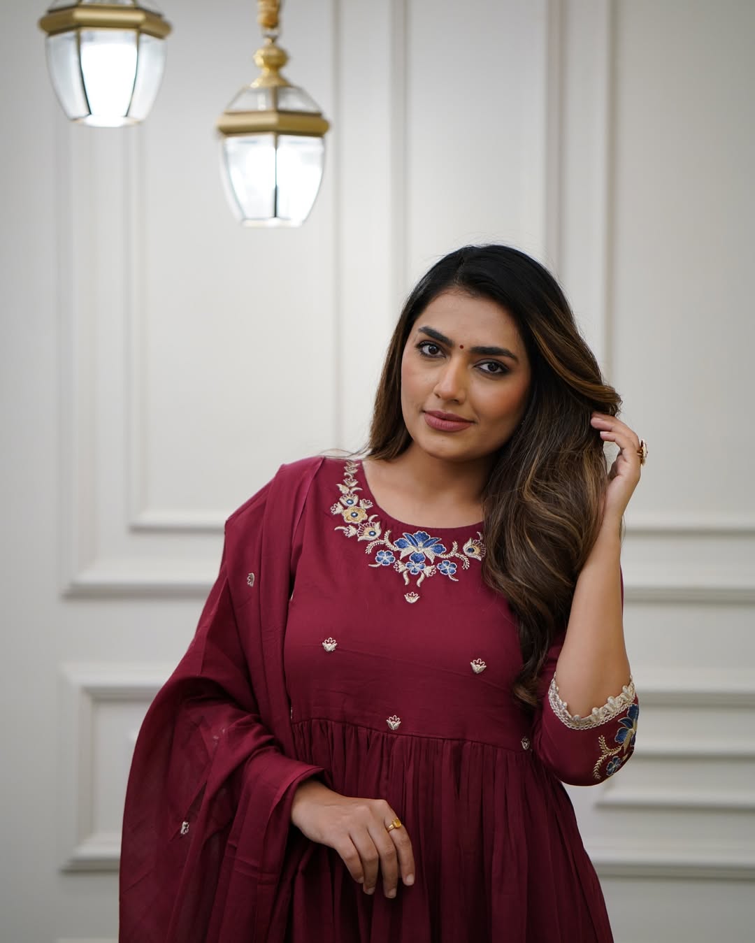 Women’s Maroon Viscose Embroidered Kurta Set with Plain Bottom & Chanderi Dupatta