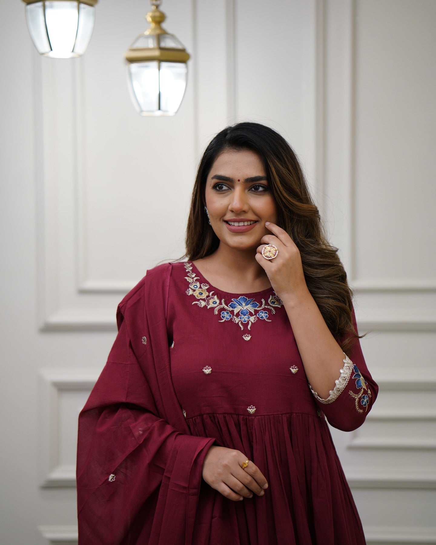 Women’s Maroon Viscose Embroidered Kurta Set with Plain Bottom & Chanderi Dupatta