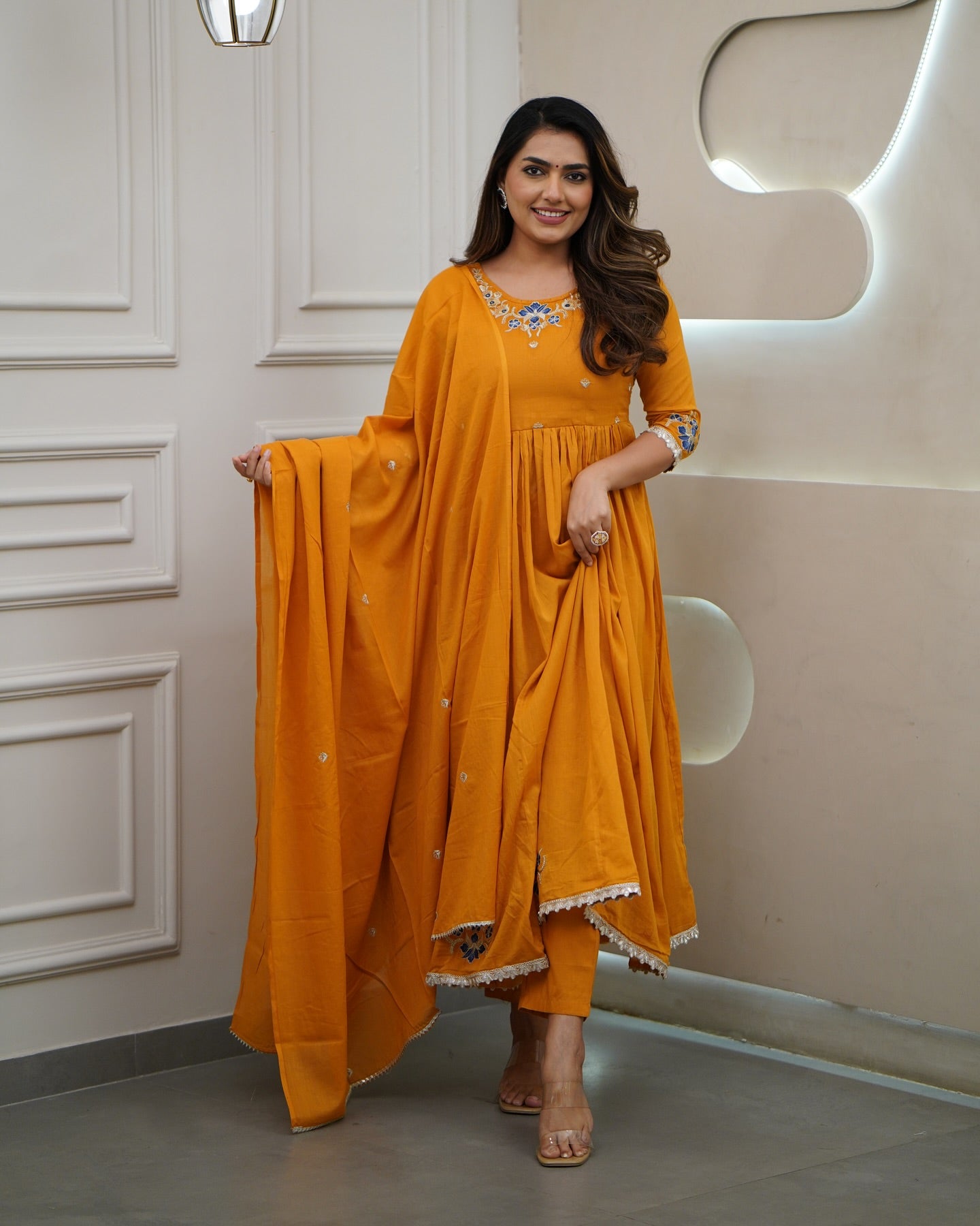 Women’s Orange Viscose Embroidered Kurta Set with Plain Bottom & Chanderi Dupatta