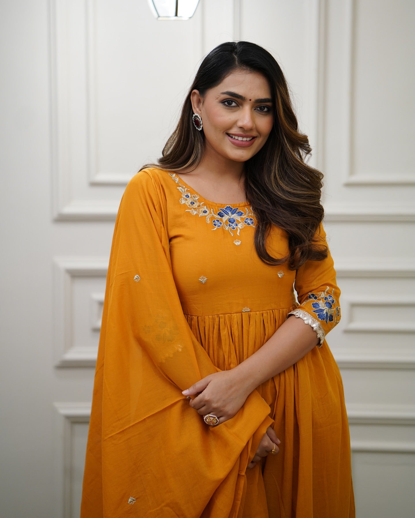 Women’s Orange Viscose Embroidered Kurta Set with Plain Bottom & Chanderi Dupatta