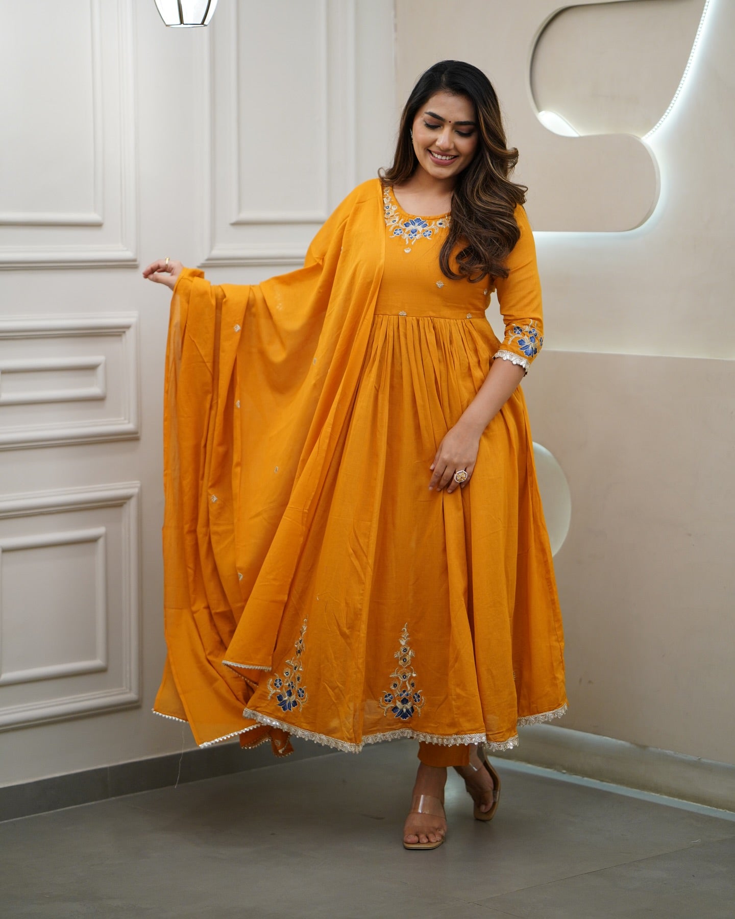 Women’s Orange Viscose Embroidered Kurta Set with Plain Bottom & Chanderi Dupatta