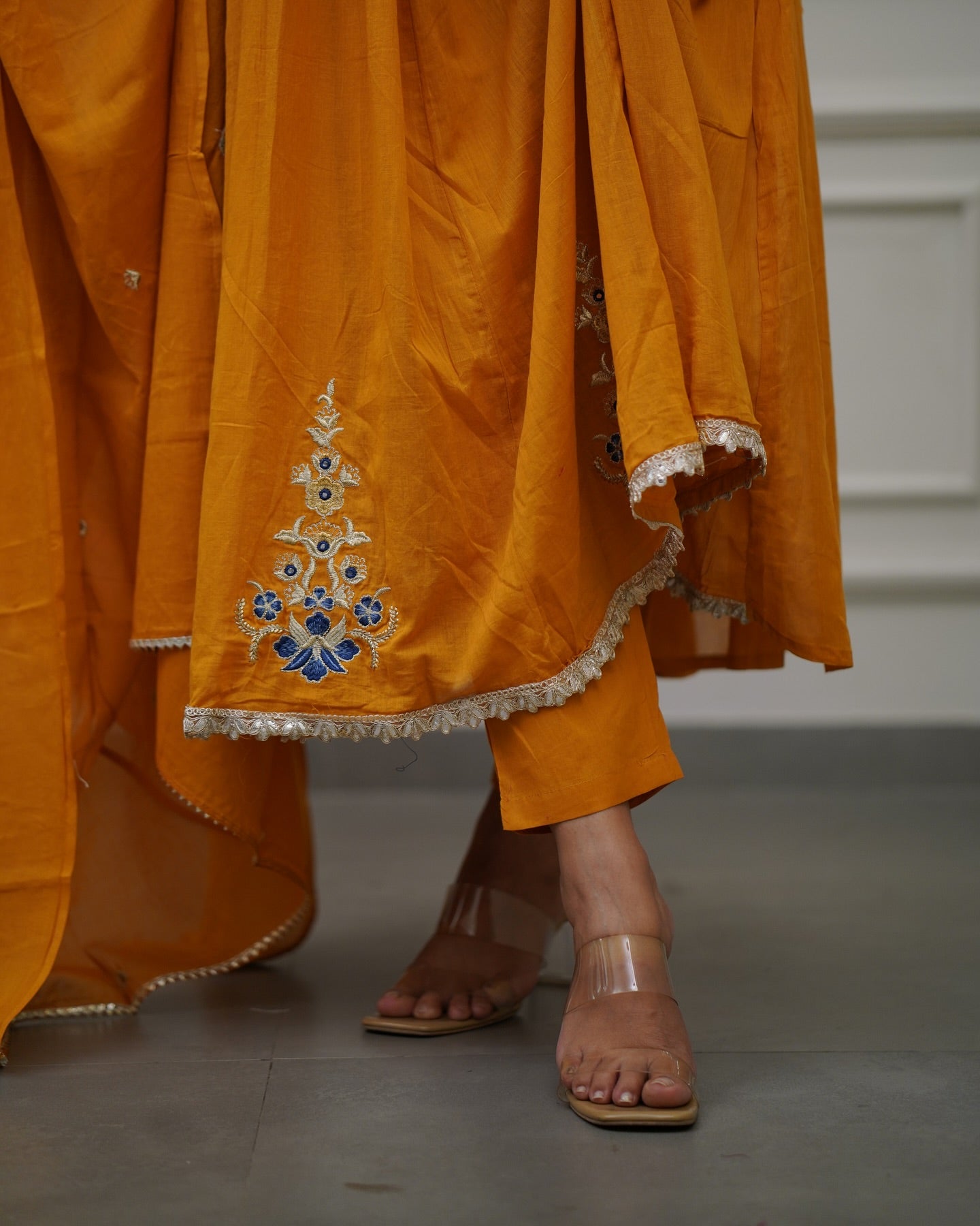Women’s Orange Viscose Embroidered Kurta Set with Plain Bottom & Chanderi Dupatta