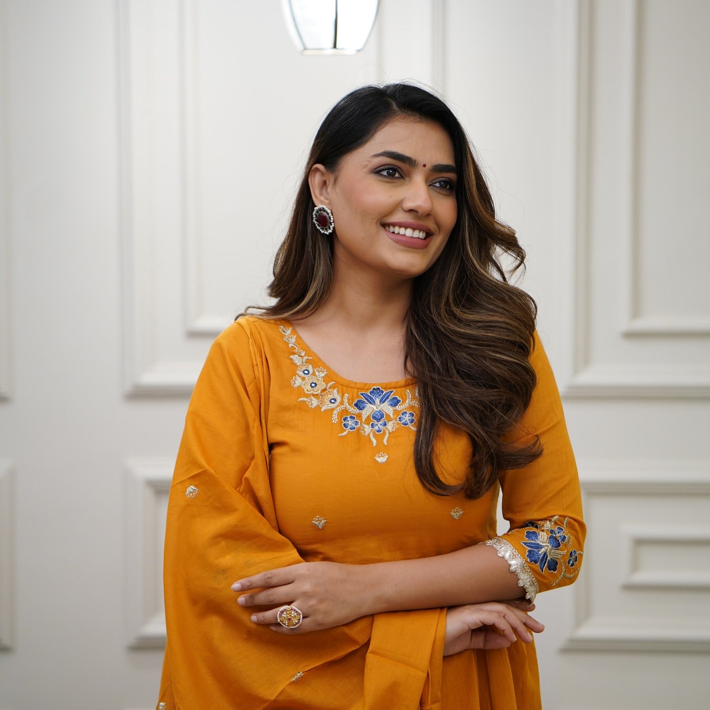 Women’s Orange Viscose Embroidered Kurta Set with Plain Bottom & Chanderi Dupatta