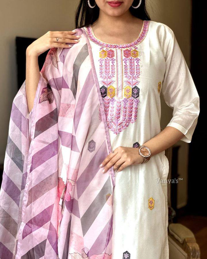 Women’s White Viscose Chanderi Coding Embroidered Kurta Set with Tebby-Silk Dupatta