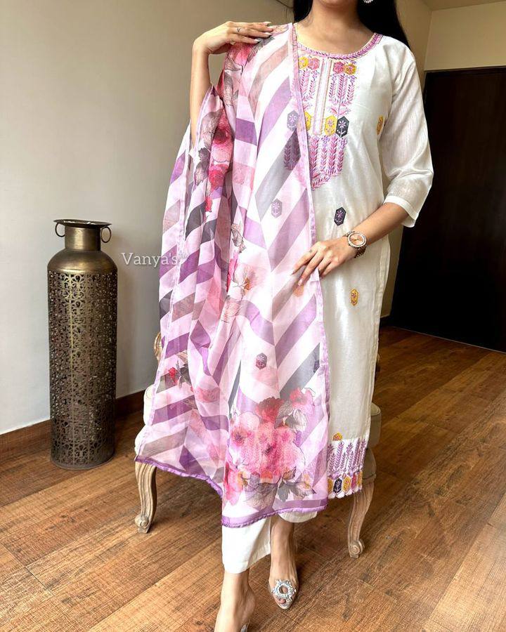 Women’s White Viscose Chanderi Coding Embroidered Kurta Set with Tebby-Silk Dupatta