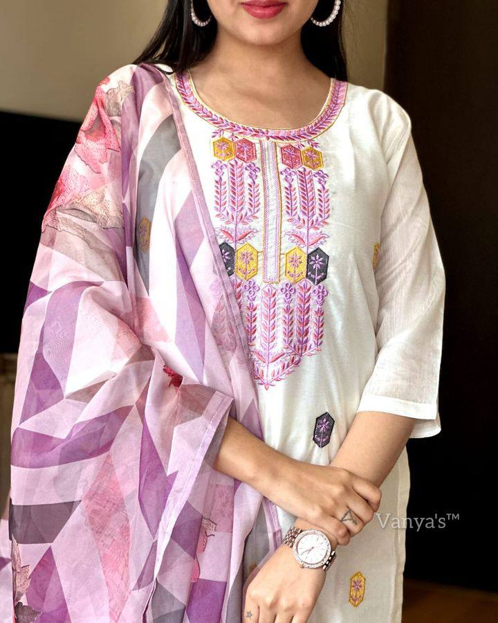 Women’s White Viscose Chanderi Coding Embroidered Kurta Set with Tebby-Silk Dupatta