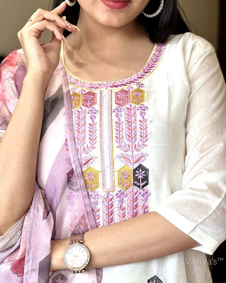 Women’s White Viscose Chanderi Coding Embroidered Kurta Set with Tebby-Silk Dupatta