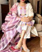 Women’s White Viscose Chanderi Coding Embroidered Kurta Set with Tebby-Silk Dupatta
