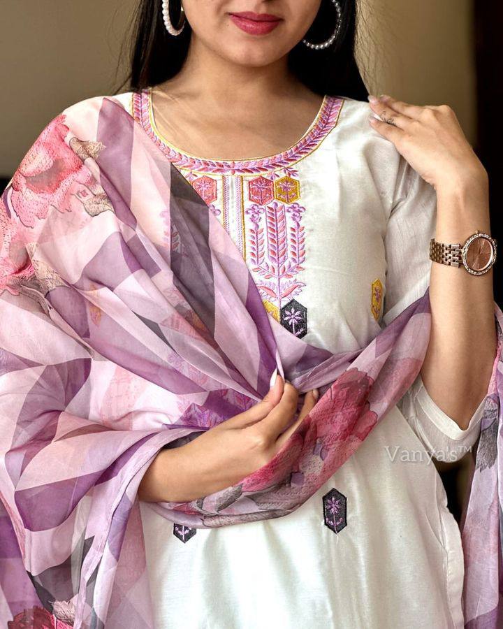 Women’s White Viscose Chanderi Coding Embroidered Kurta Set with Tebby-Silk Dupatta