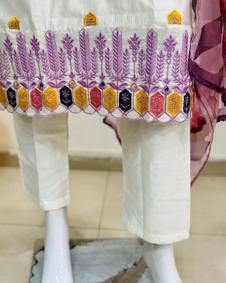 Women’s White Viscose Chanderi Coding Embroidered Kurta Set with Tebby-Silk Dupatta