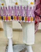 Women’s White Viscose Chanderi Coding Embroidered Kurta Set with Tebby-Silk Dupatta