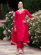 Women’s Pink Viscose Chanderi Coding Embroidered Kurta Set with Chinon Dupatta