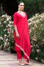 Women’s Pink Viscose Chanderi Coding Embroidered Kurta Set with Chinon Dupatta
