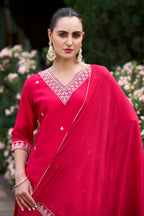 Women’s Pink Viscose Chanderi Coding Embroidered Kurta Set with Chinon Dupatta