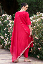 Women’s Pink Viscose Chanderi Coding Embroidered Kurta Set with Chinon Dupatta
