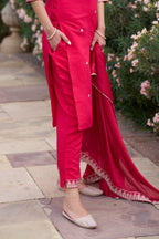 Women’s Pink Viscose Chanderi Coding Embroidered Kurta Set with Chinon Dupatta