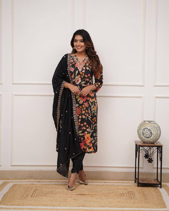 Women’s Black Pure Russian Silk Coding Embroidered Kurta Set with Viscose Chanderi Bottom & Dupatta