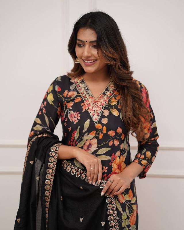 Women’s Black Pure Russian Silk Coding Embroidered Kurta Set with Viscose Chanderi Bottom & Dupatta