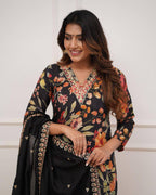 Women’s Black Pure Russian Silk Coding Embroidered Kurta Set with Viscose Chanderi Bottom & Dupatta