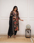 Women’s Black Pure Russian Silk Coding Embroidered Kurta Set with Viscose Chanderi Bottom & Dupatta