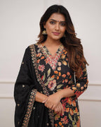 Women’s Black Pure Russian Silk Coding Embroidered Kurta Set with Viscose Chanderi Bottom & Dupatta