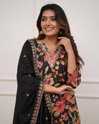 Women’s Black Pure Russian Silk Coding Embroidered Kurta Set with Viscose Chanderi Bottom & Dupatta