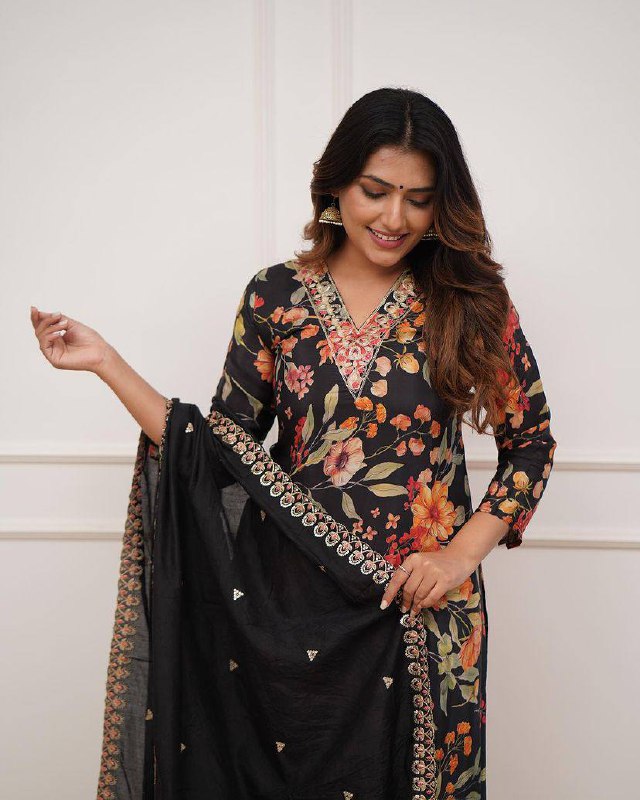 Women’s Black Pure Russian Silk Coding Embroidered Kurta Set with Viscose Chanderi Bottom & Dupatta