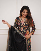 Women’s Black Pure Russian Silk Coding Embroidered Kurta Set with Viscose Chanderi Bottom & Dupatta