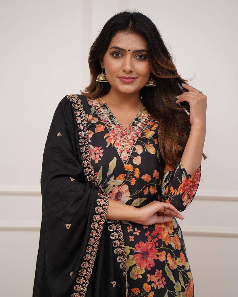 Women’s Black Pure Russian Silk Coding Embroidered Kurta Set with Viscose Chanderi Bottom & Dupatta