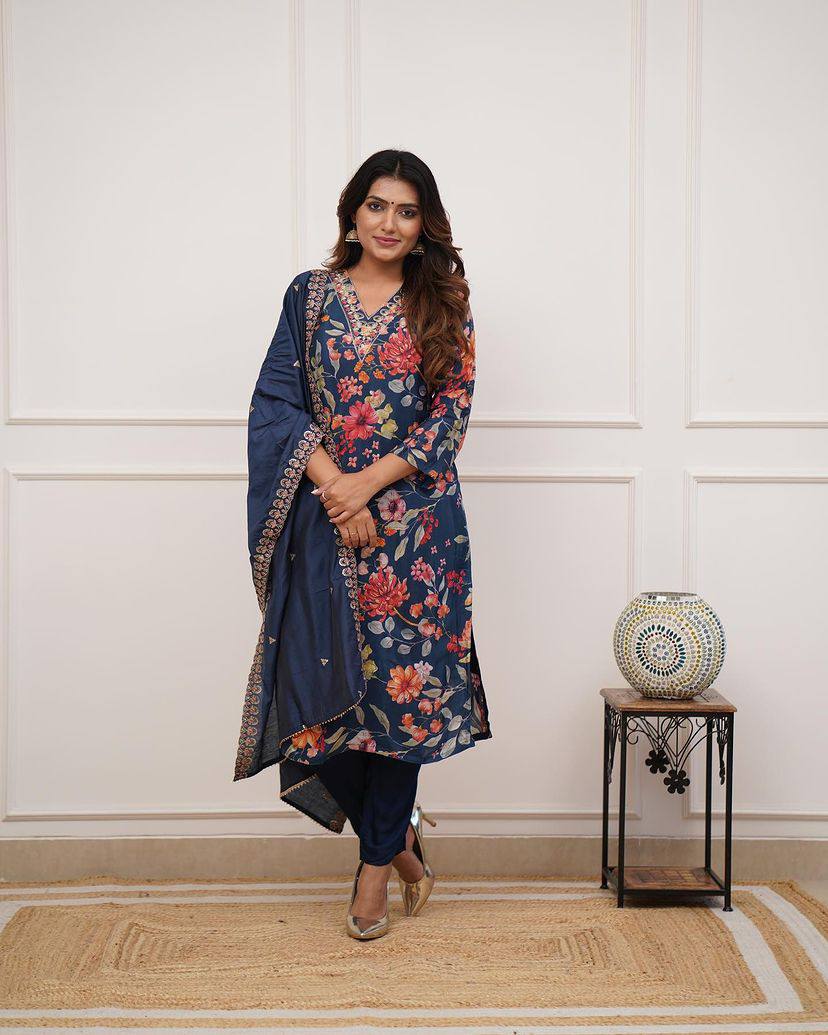 Women’s Blue Pure Russian Silk Coding Embroidered Kurta Set with Viscose Chanderi Bottom & Dupatta