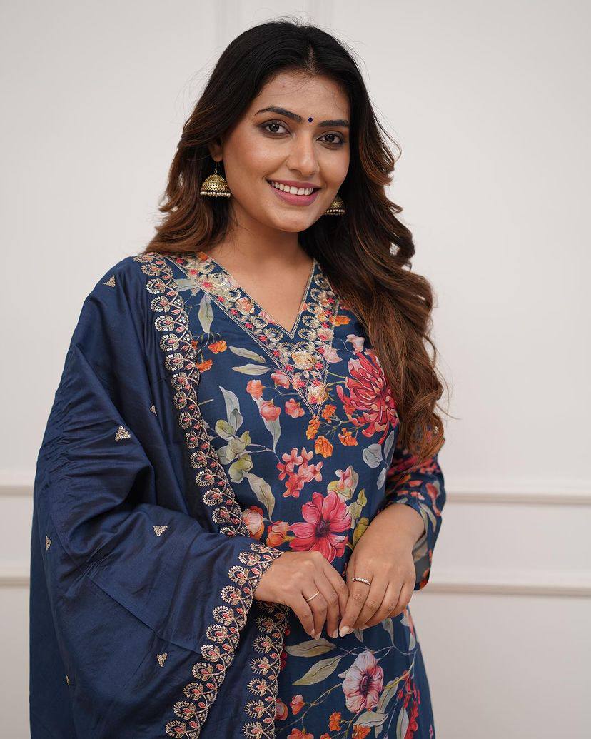 Women’s Blue Pure Russian Silk Coding Embroidered Kurta Set with Viscose Chanderi Bottom & Dupatta