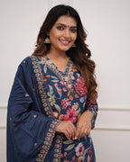 Women’s Blue Pure Russian Silk Coding Embroidered Kurta Set with Viscose Chanderi Bottom & Dupatta