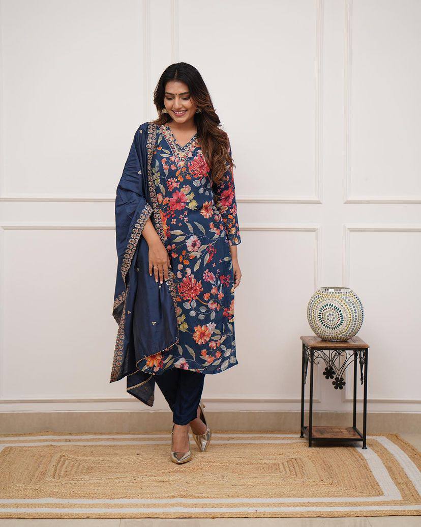 Women’s Blue Pure Russian Silk Coding Embroidered Kurta Set with Viscose Chanderi Bottom & Dupatta