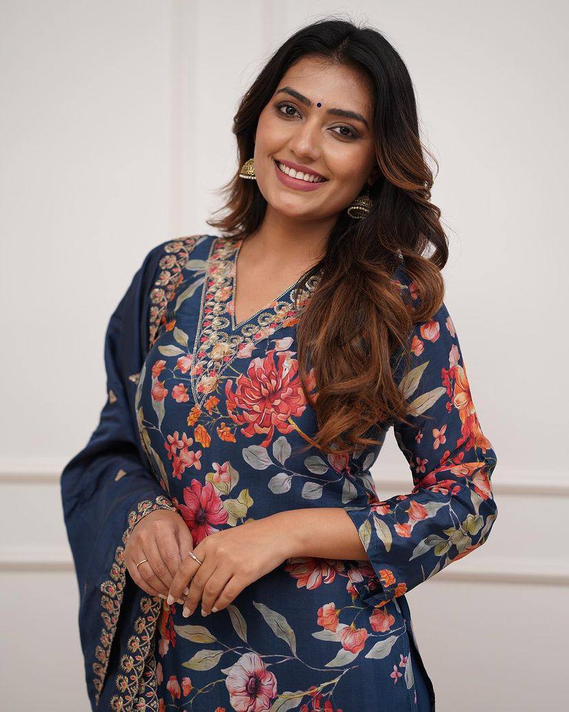 Women’s Blue Pure Russian Silk Coding Embroidered Kurta Set with Viscose Chanderi Bottom & Dupatta