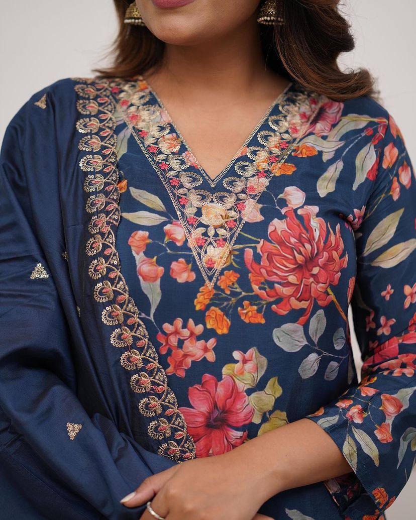 Women’s Blue Pure Russian Silk Coding Embroidered Kurta Set with Viscose Chanderi Bottom & Dupatta