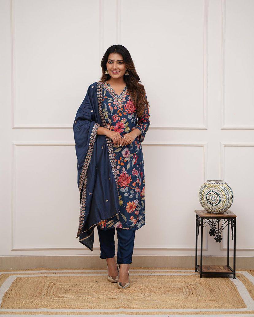 Women’s Blue Pure Russian Silk Coding Embroidered Kurta Set with Viscose Chanderi Bottom & Dupatta