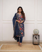 Women’s Blue Pure Russian Silk Coding Embroidered Kurta Set with Viscose Chanderi Bottom & Dupatta