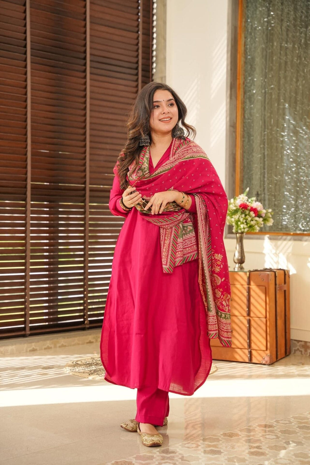 Women’s Red South Cotton Top-Bottom Set with Chanderi Silk Dupatta
