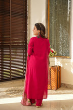 Women’s Red South Cotton Top-Bottom Set with Chanderi Silk Dupatta