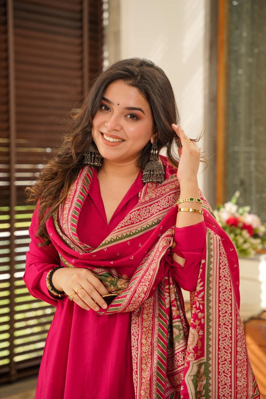 Women’s Red South Cotton Top-Bottom Set with Chanderi Silk Dupatta